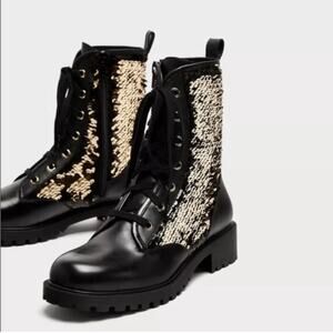Zara Black Leather Sequined Lace Up Boots Size 6 US